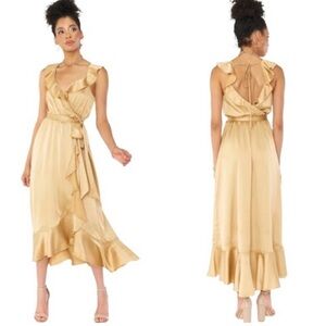 NWT Show Me Your Mumu Samantha Ruffle Wrap True Gold Luxe Satin Dress XL